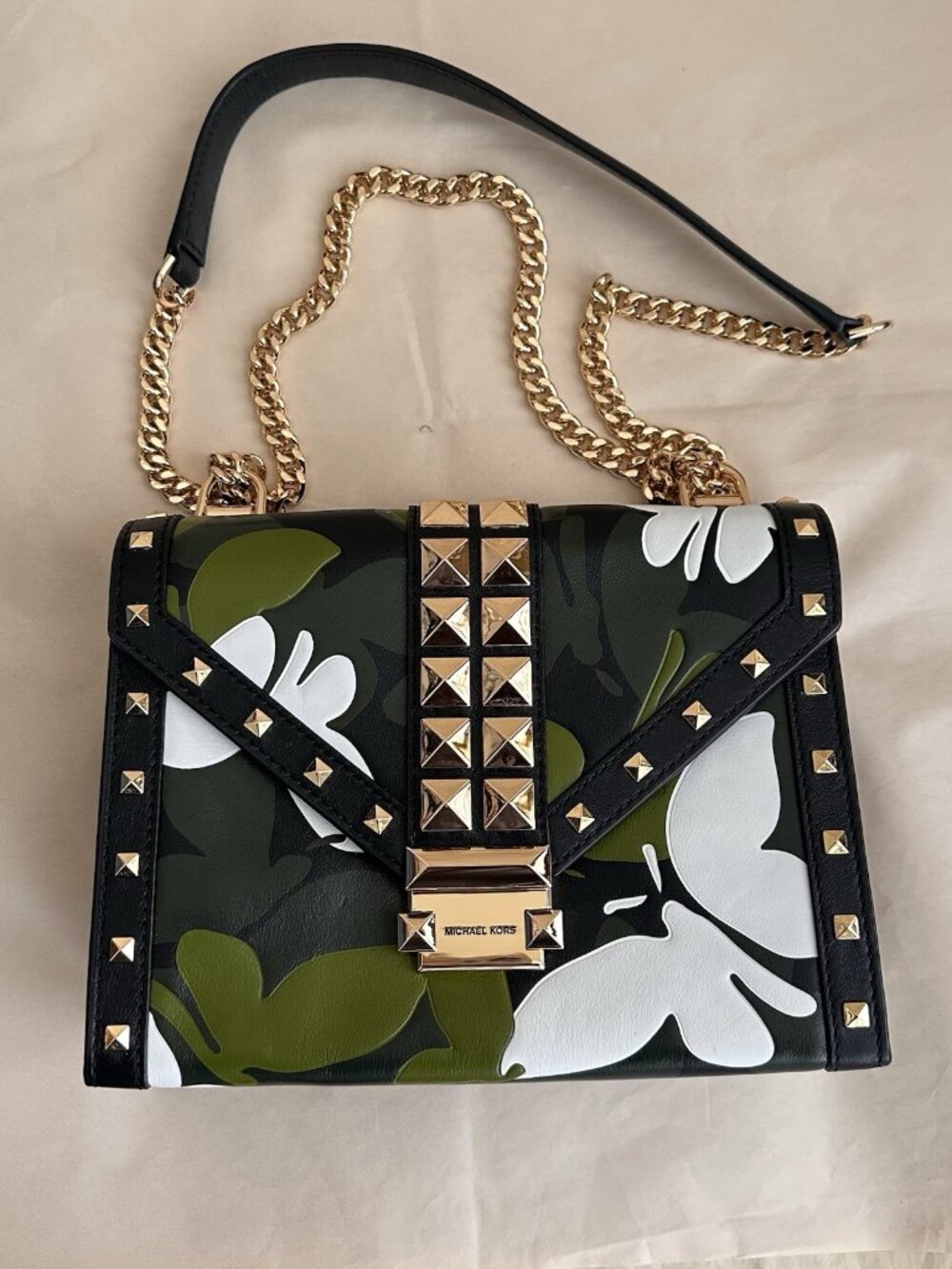 NWT Michael Kors Whitney Butterfly Camo Bag Black Leather Shoulder Crossbody Y2K - Picture 8 of 11